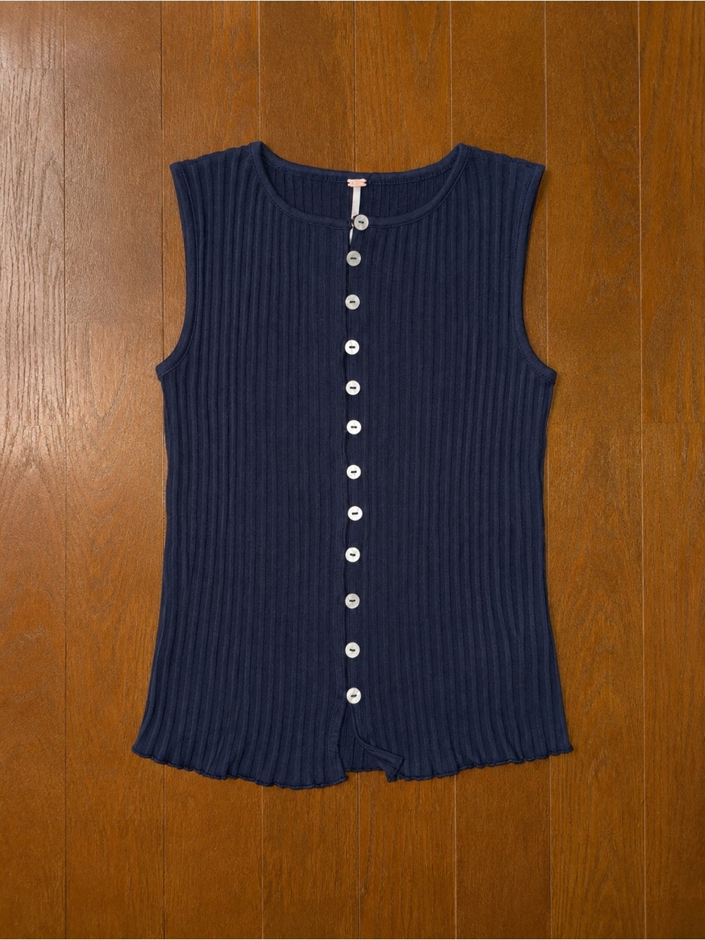 Free People Navy Ribbed Button-Front Sleeveless Knit Tank Sz L NWOT